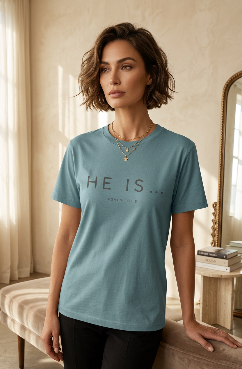 editorial-style mockup with female model wearing blue shirt saying He Is.
