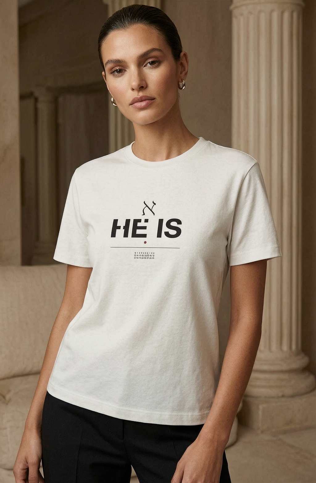 Woman in luxury editorial mockup wearing natural He Is t-shirt