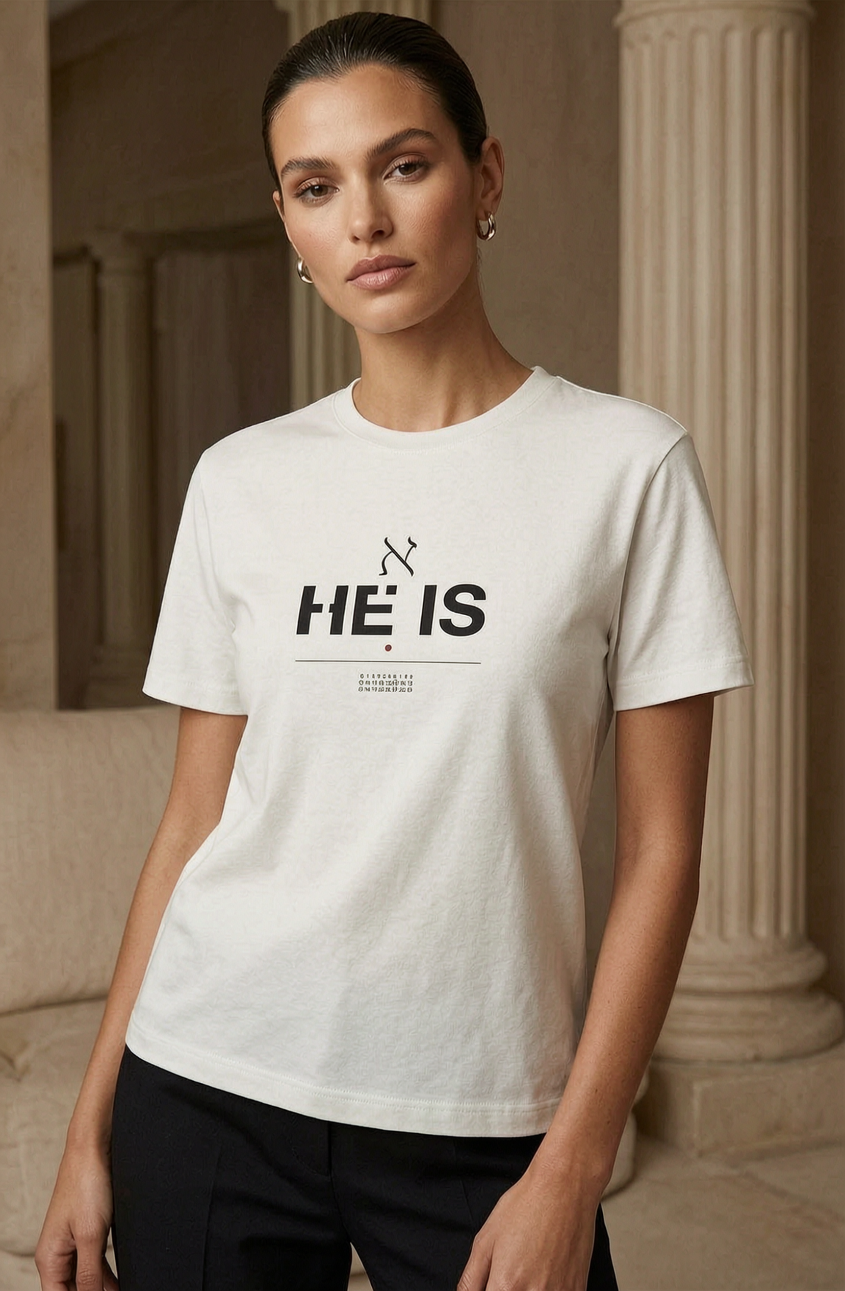 Woman in luxury editorial mockup wearing natural He Is t-shirt