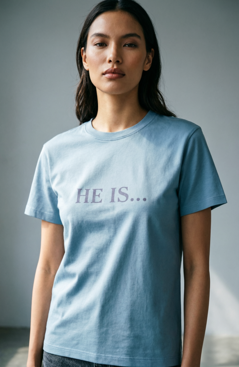 A woman wearing a light blue crewneck t-shirt with the text 'HE IS.