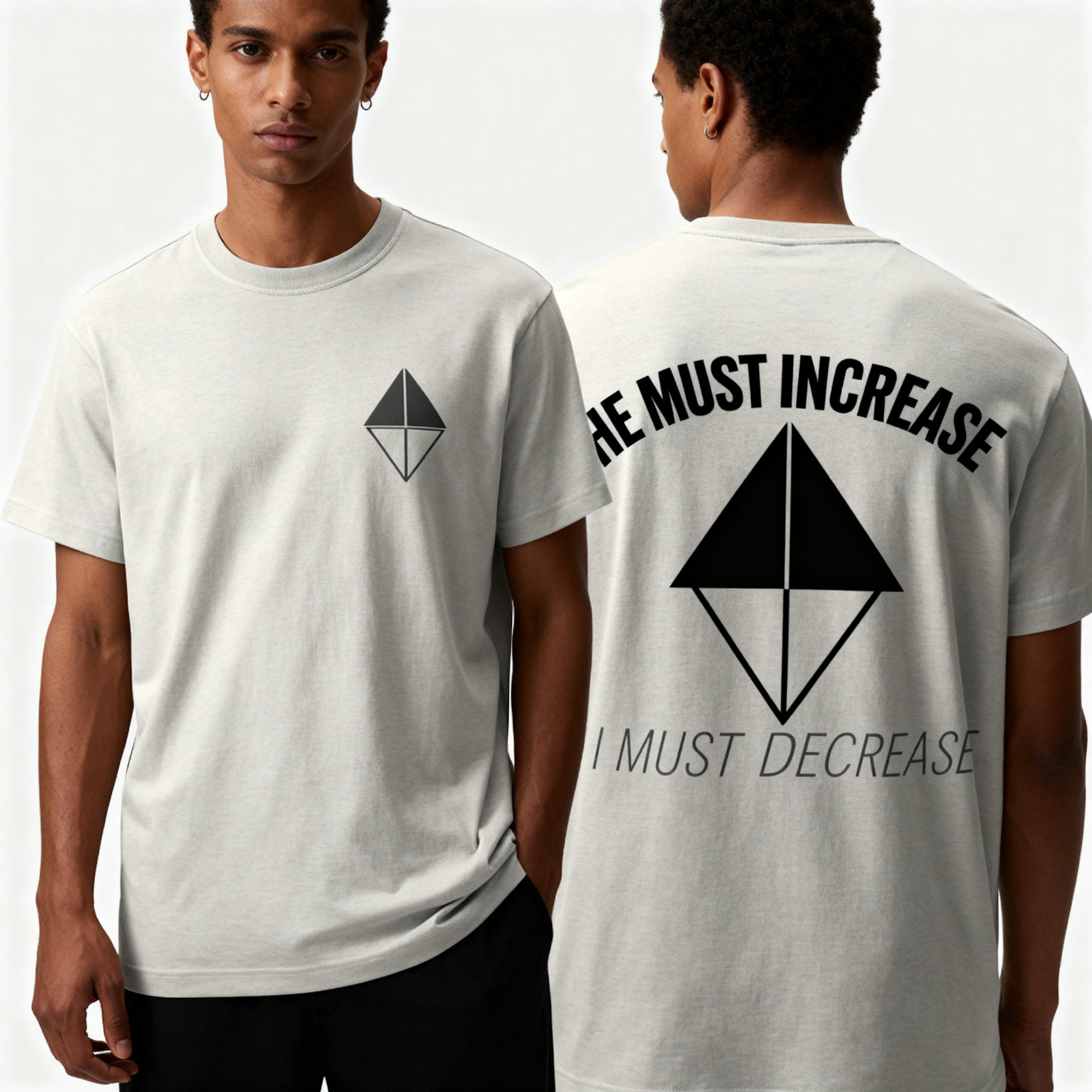 Male model wearing He Must Increase Supima Tee in Natural — editorial style photo showing front and back scripture design, John 3:30 Christian apparel by 4HG