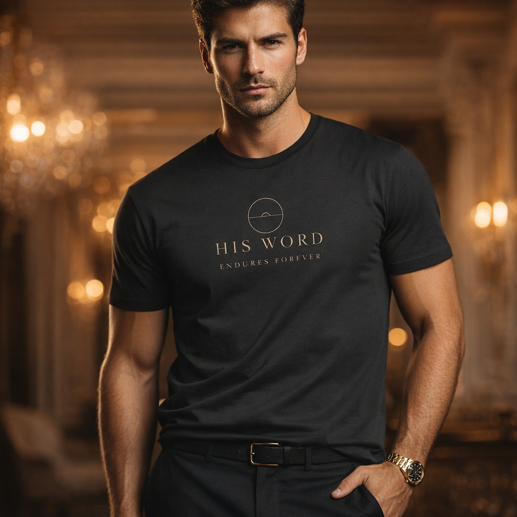 Man wearing a black t-shirt with 'His Word Endures Forever' text in an indoor setting.