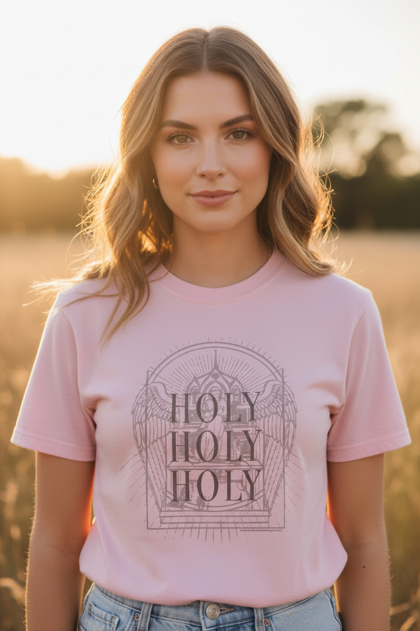 Female model wearing Holy Holy Holy Gothic Stained-Glass Faith Tee in Blossom — editorial style front view, Isaiah 6:3 design, Christian tee by 4HG