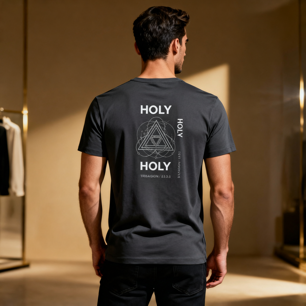 Man wearing a black t-shirt with 'HOLY' design on the back in a room.