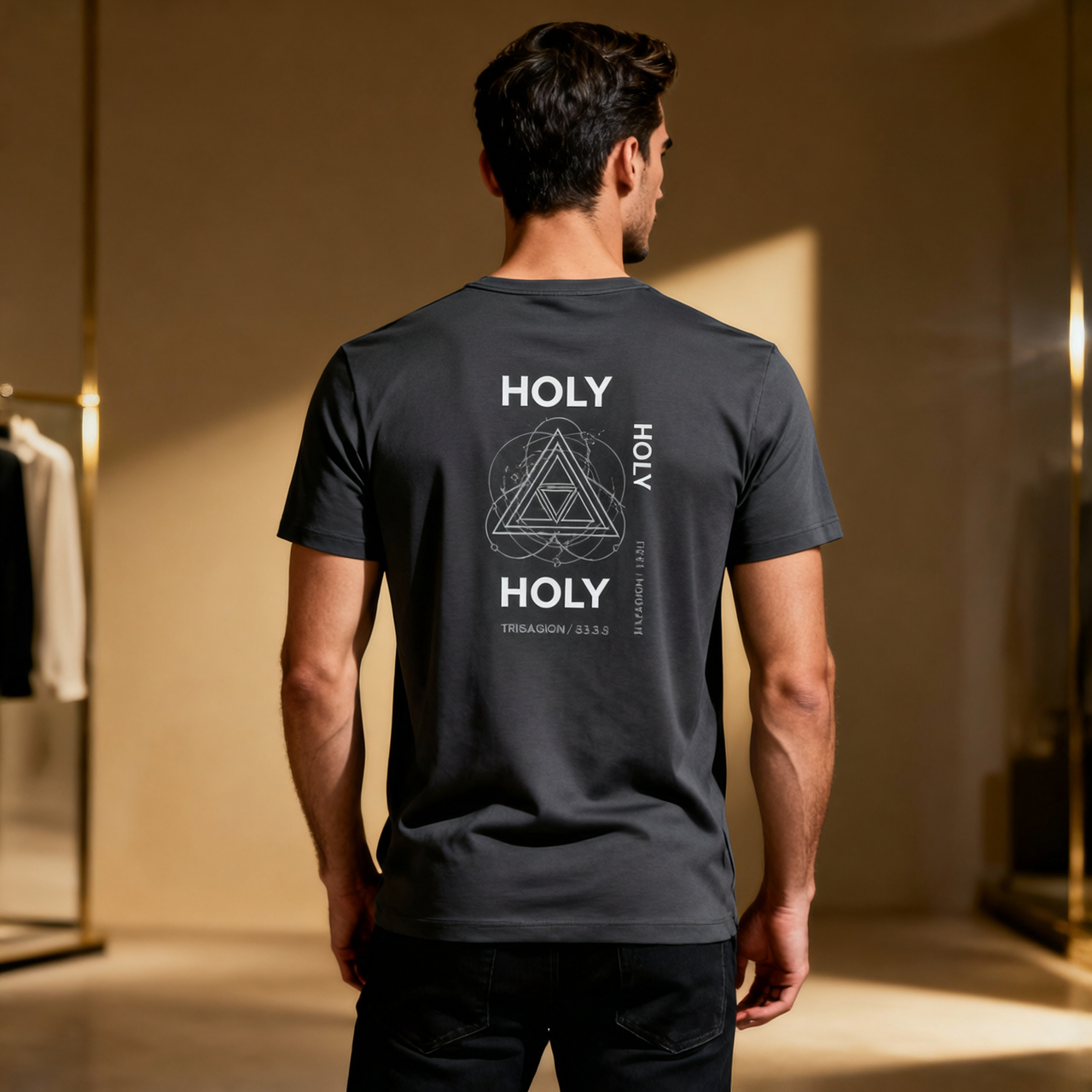 Man wearing a black t-shirt with 'HOLY' design on the back in a room.