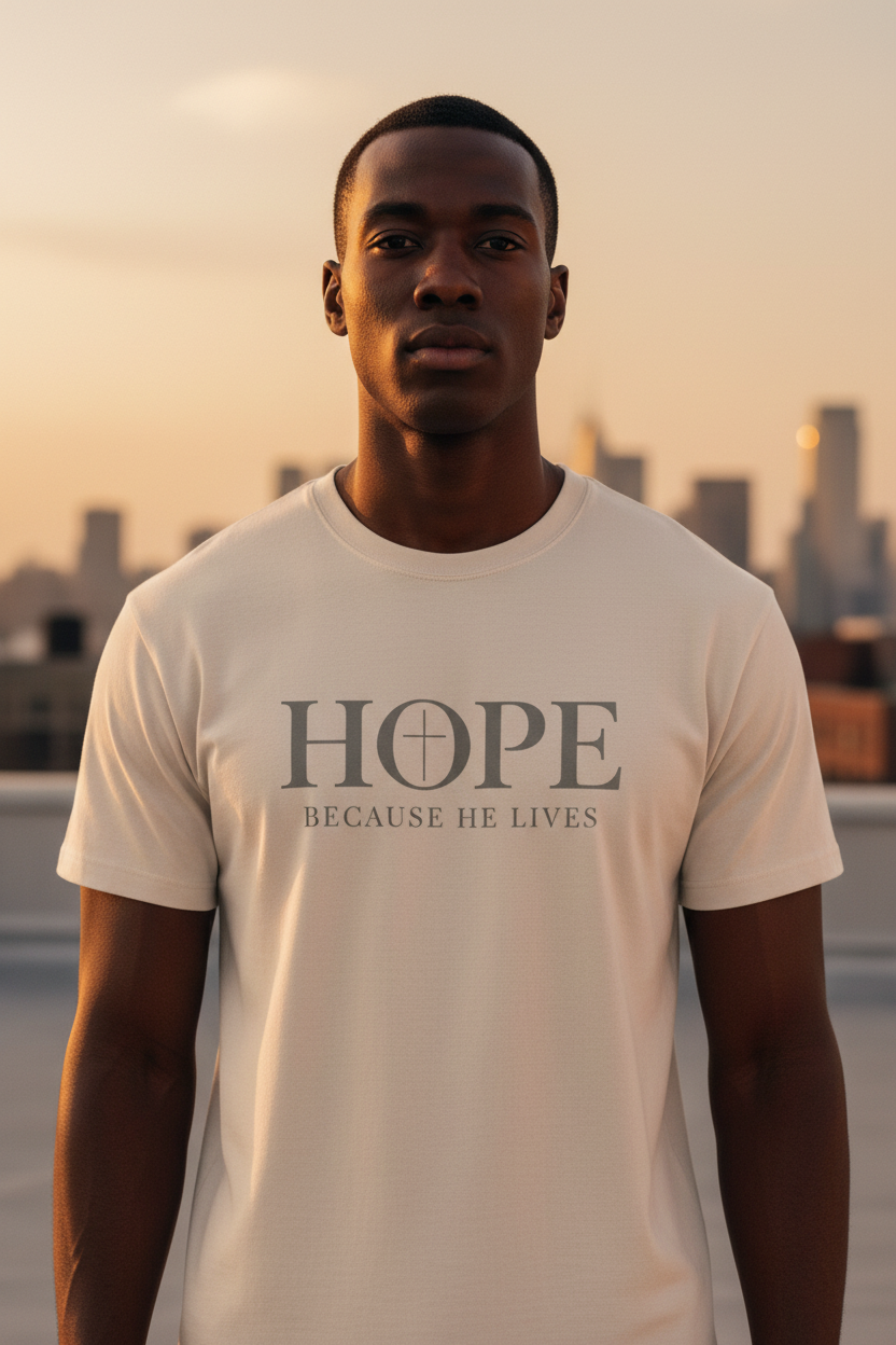 Hope Because He Lives Tee (Cream) — GQ-Style Rooftop Cinematic Editorial