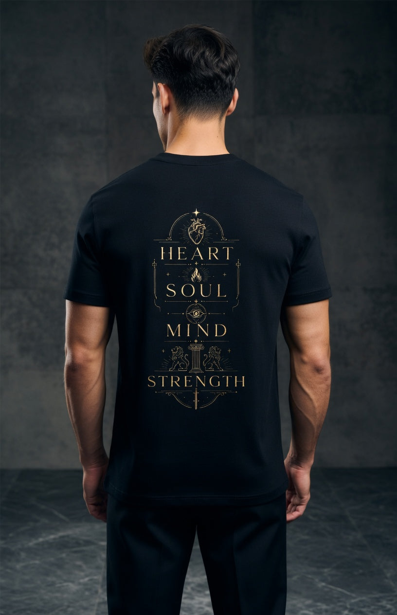 Editorial mockup with male model wearing black back-design shirt.