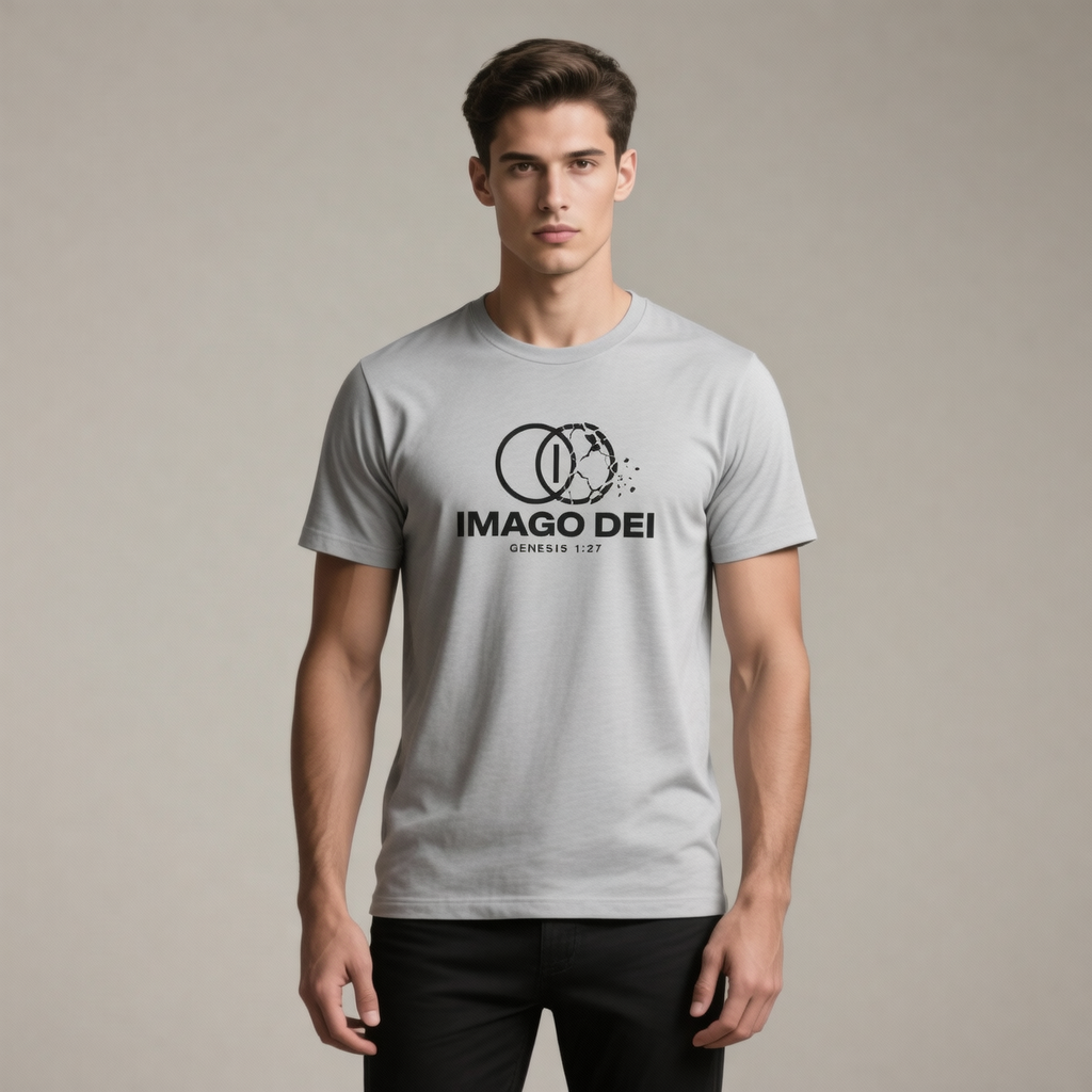 Man wearing a gray t-shirt with 'IMAGO DEI' logo on a beige background