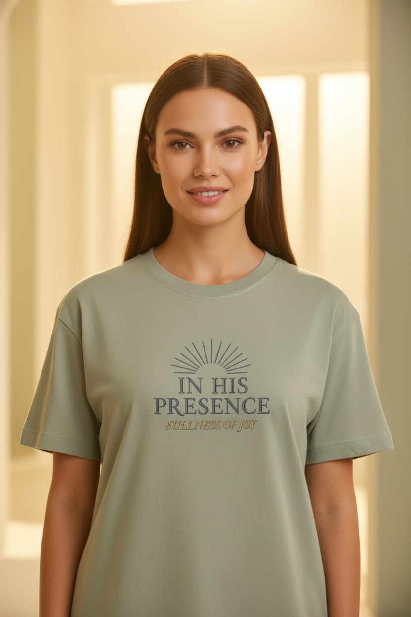 In His Presence Fullness of Joy Tee (Sage) — Luxury Cinematic Female Editorial