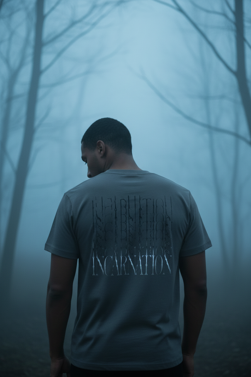 Male model wearing Incarnation (back) Supima Tee in Slate — editorial style back view showing full John 1:14 Incarnation theology text, premium Christian tee by 4HG