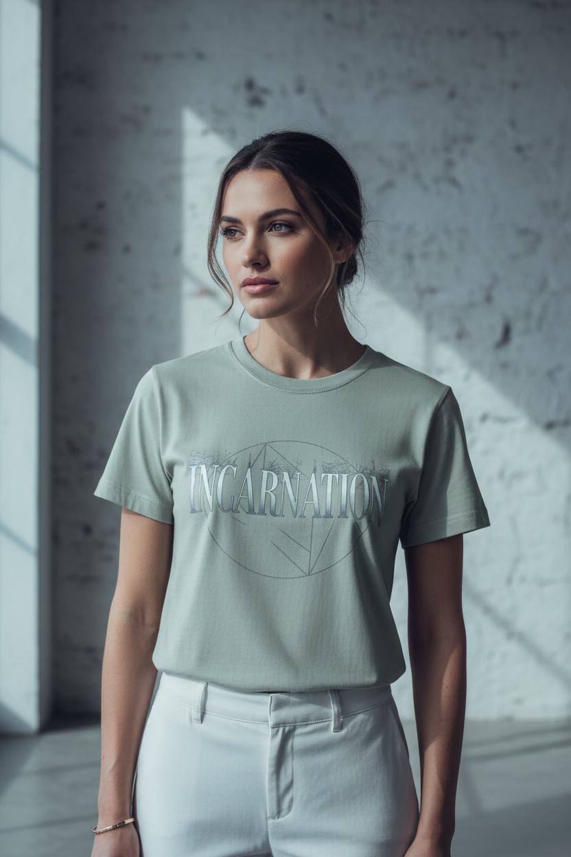 Female model wearing Incarnation Supima Tee in Baltic — editorial style front view, John 1:14 The Word Became Flesh design, premium Christian tee by 4HG