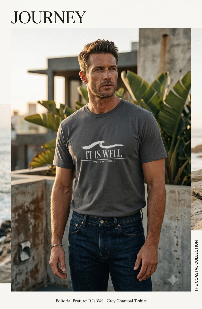 A man wearing a grey charcoal t-shirt with a white graphic that reads 'IT IS WELL' and 'JOURNEY' at the top of the image, set against an outdoor coastal background.