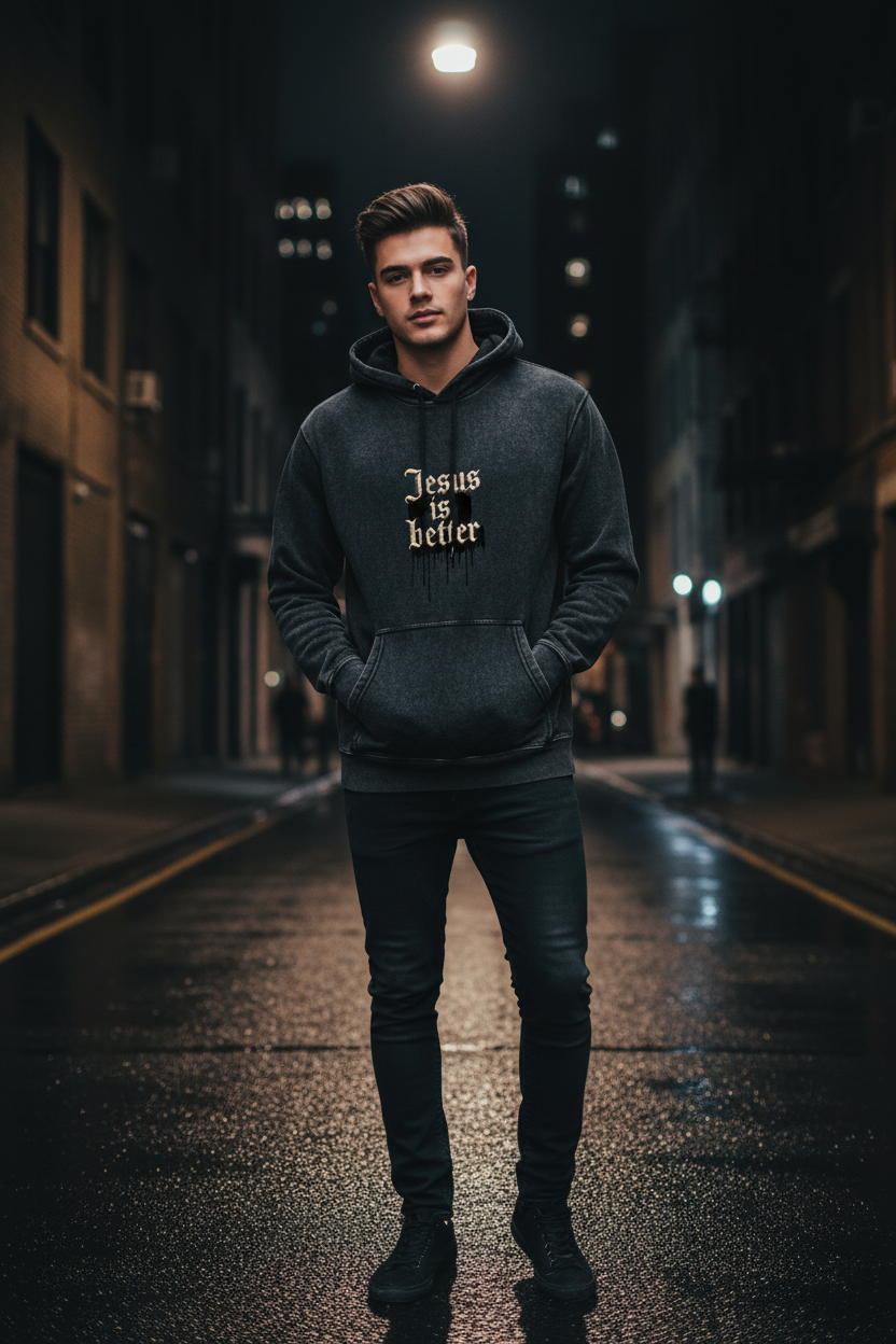 Male model wearing Jesus Is Better Mineral Wash Hoodie in Black — editorial style close-up front view showing Jesus Is Better Hebrews graphic, premium mineral wash Christian hoodie by 4HG