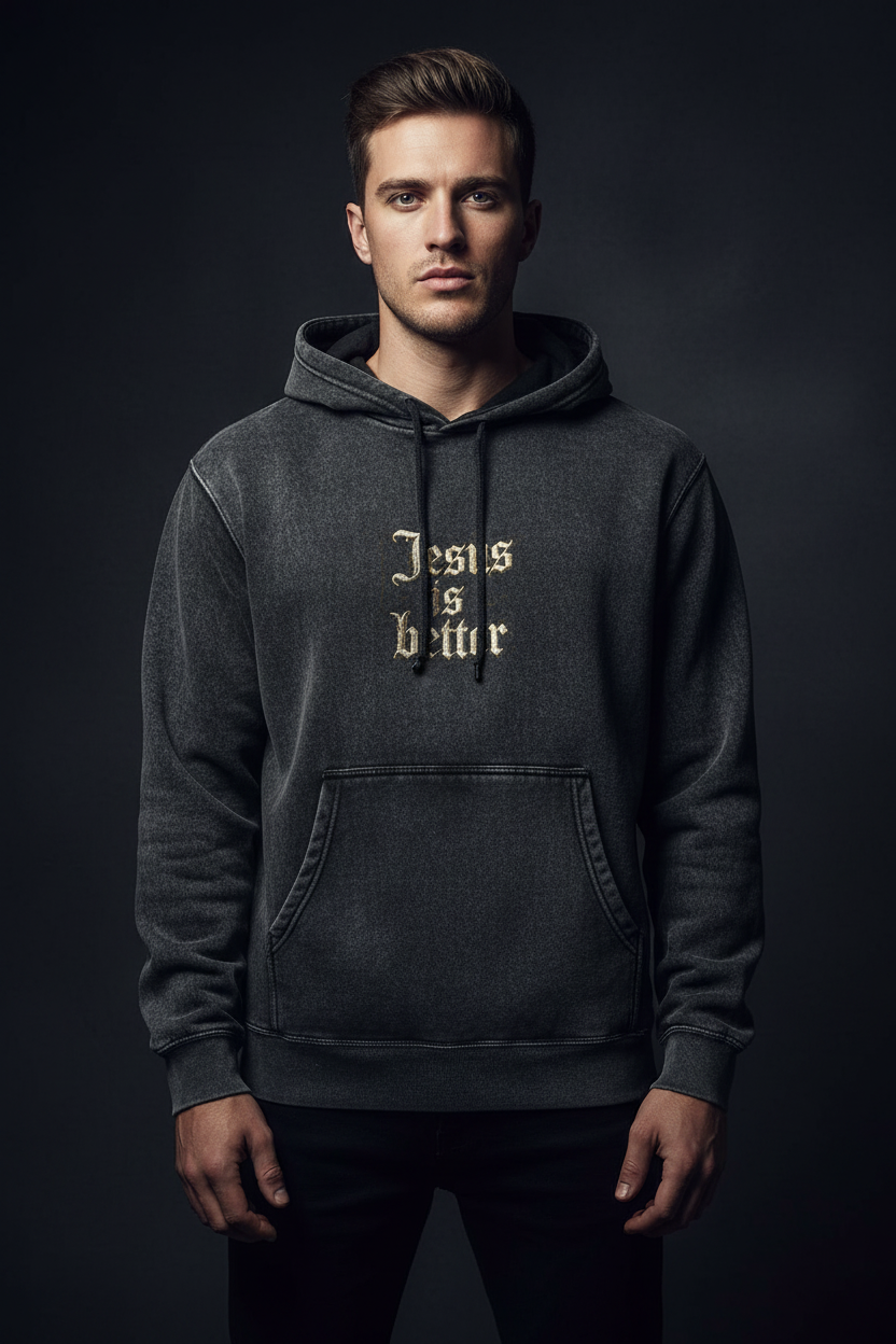 Male model wearing Jesus Is Better Mineral Wash Hoodie in Black — editorial style full-body front view, Jesus Is Better Hebrews design, premium mineral wash Christian hoodie by 4HG