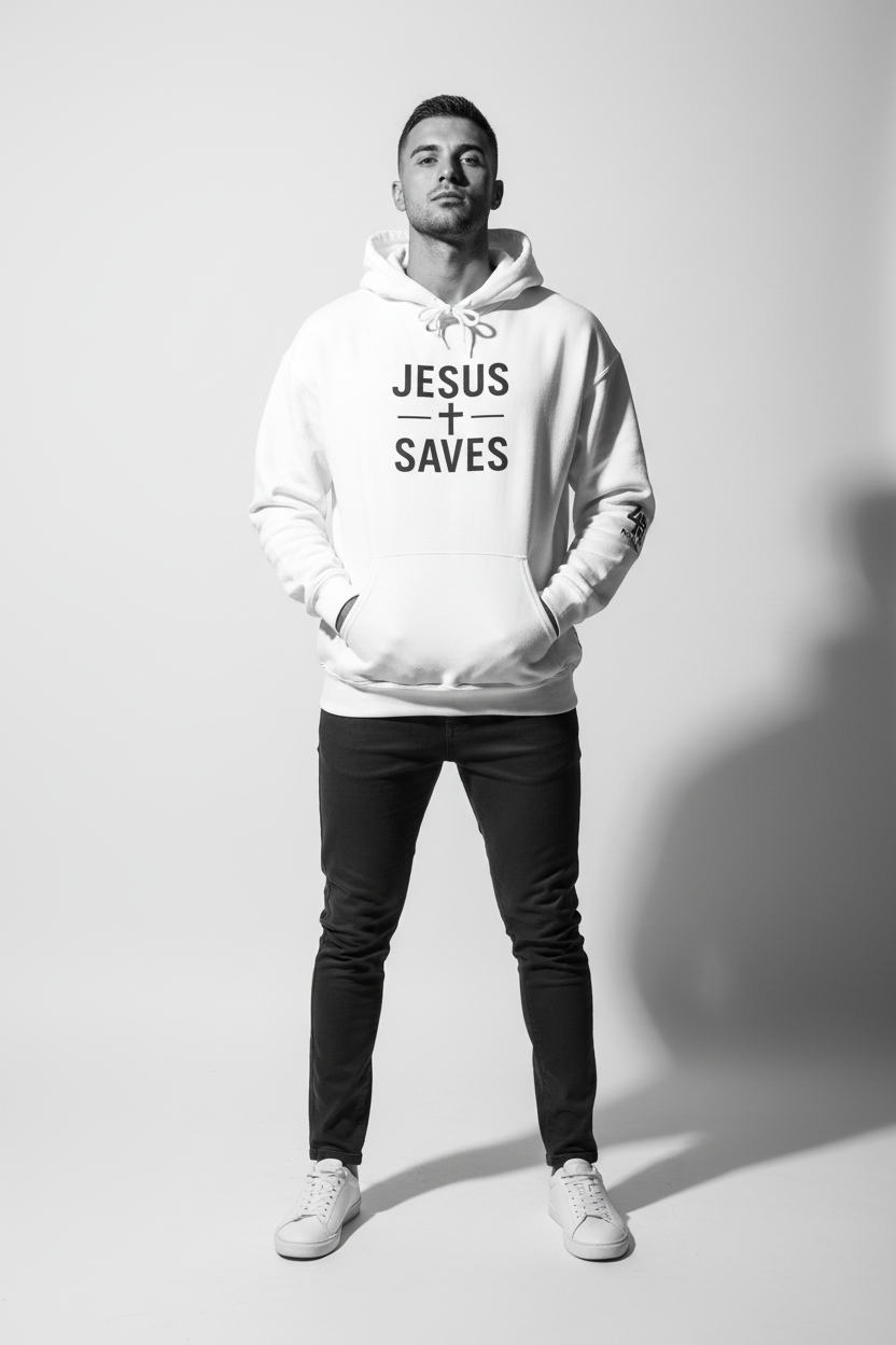 Jesus Saves Hoodie - Male GQ Mockup