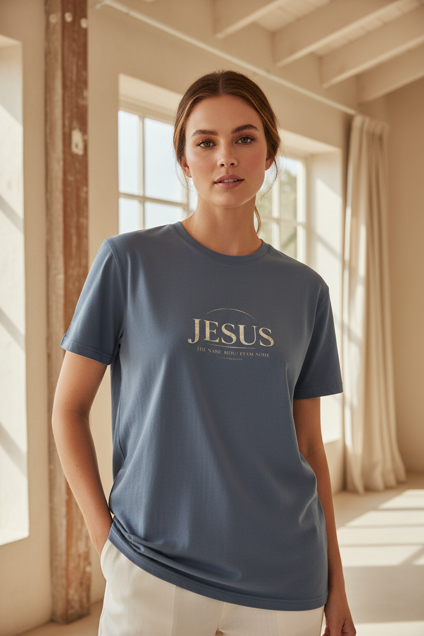 Female model wearing The Name Above Every Name Faded Tee in Faded Blue — editorial style front view, Philippians 2:9-11 design, garment-dyed Christian tee by 4HG