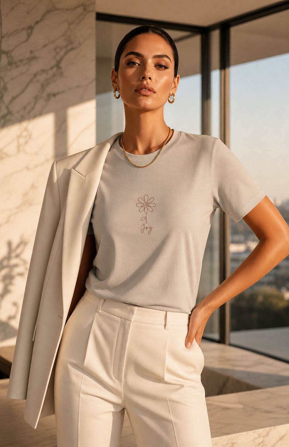 A woman models a light beige crewneck t-shirt with a small embroidered floral motif on the chest, styled with a matching light beige blazer draped over her shoulders and white trousers, set against a modern architectural background with warm natural light.
