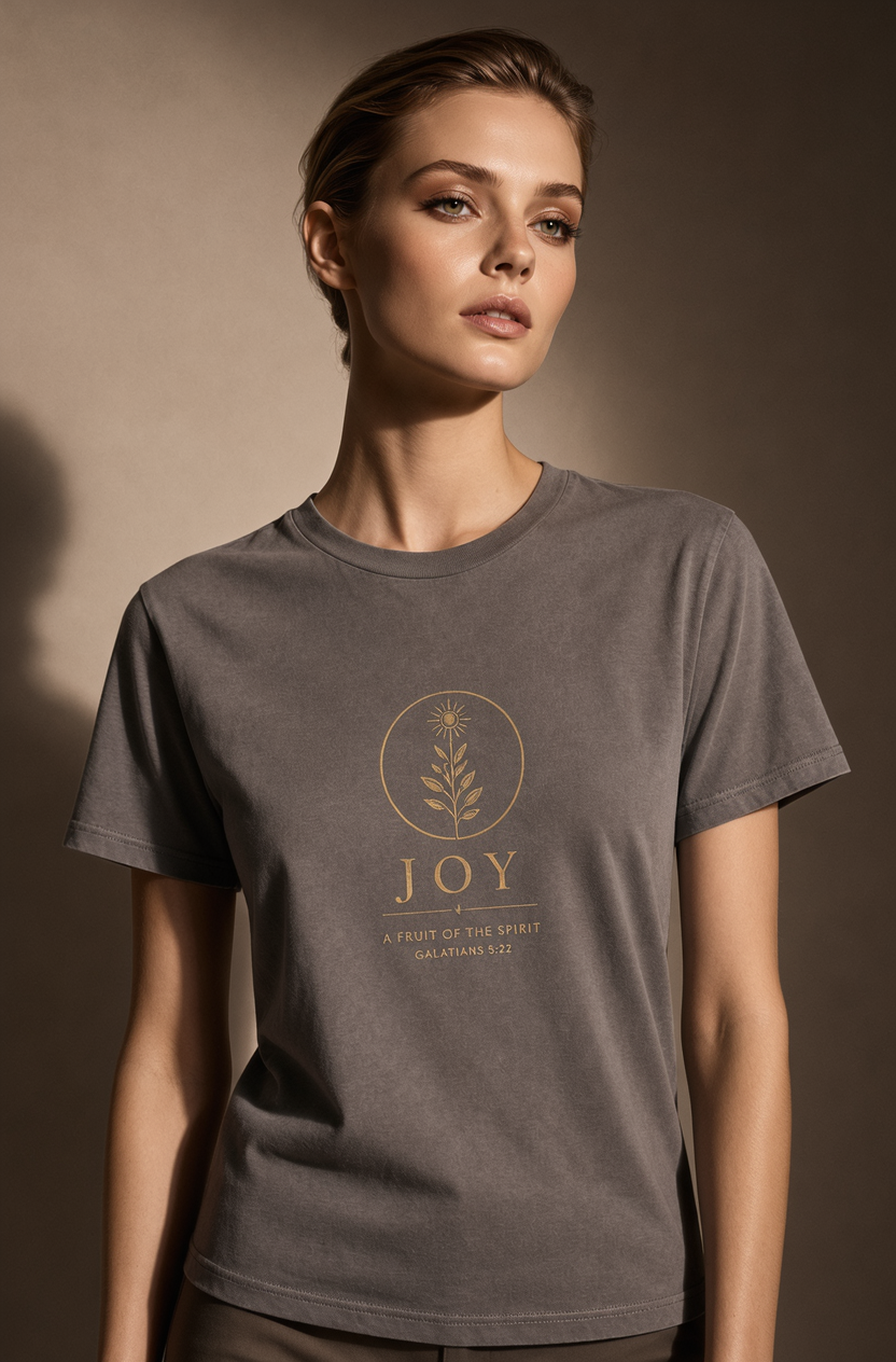 A woman wearing a dark gray t-shirt with a gold circular graphic and the word 'JOY' printed on the chest, set against a warm, shadowed brown background.