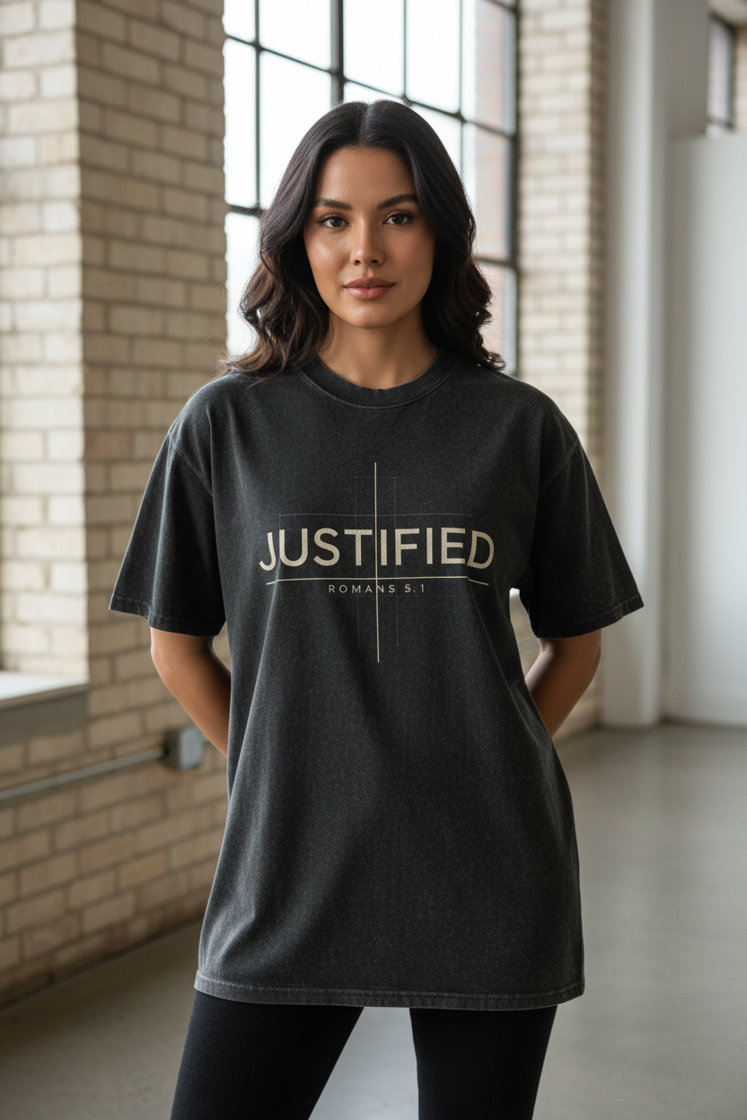 Justified by Faith women's black stone wash heavy tee – editorial front view, faith-based apparel by 4HG