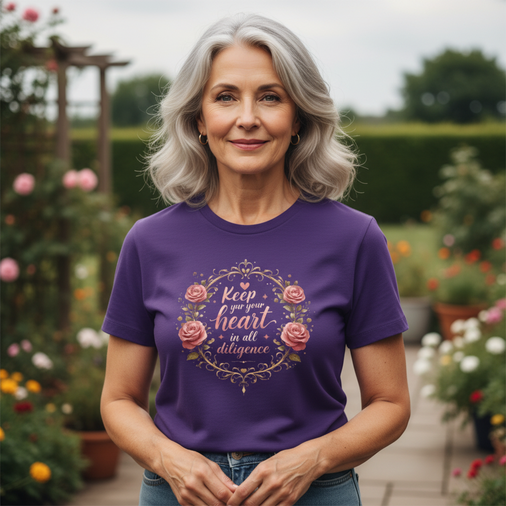 Woman wearing a purple t-shirt with floral design and text in a garden setting