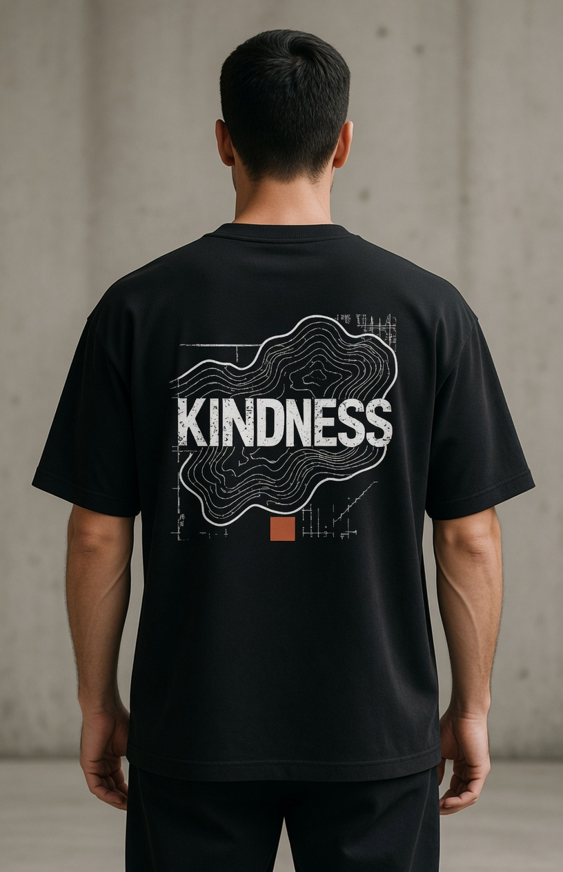 Man standing in front of a gray wall with black shirt that says Kindness on back.