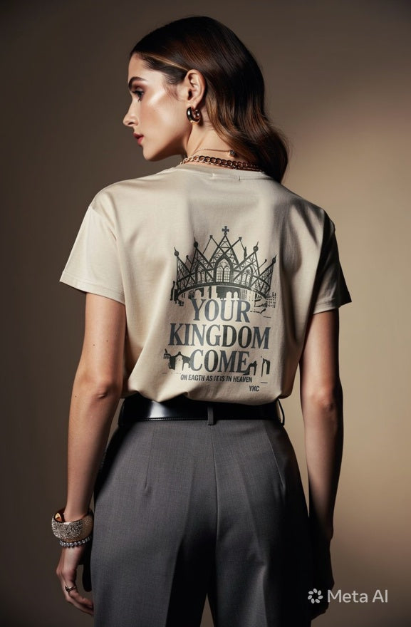 Person wearing a beige t-shirt with a graphic design on the back against a brown background