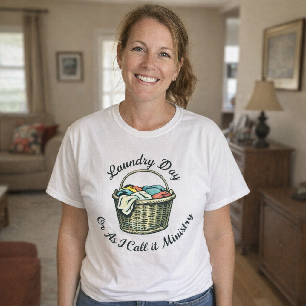 Woman wearing a white t-shirt with a graphic and text in a living room.
