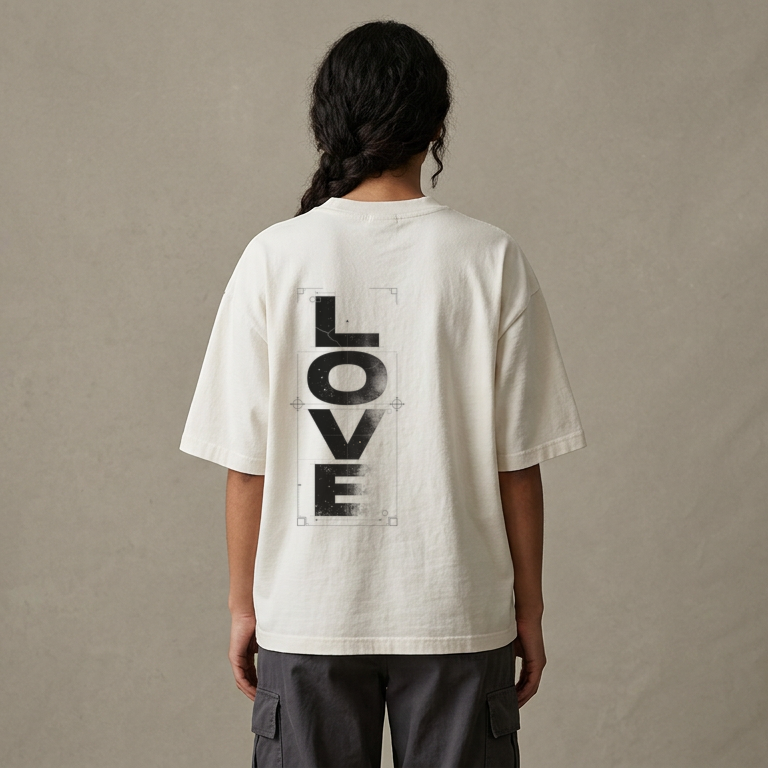 A person viewed from behind wearing an oversized off-white T-shirt with the word 'LOVE' printed vertically in large black letters on the back, paired with dark gray cargo pants, against a plain beige studio background.