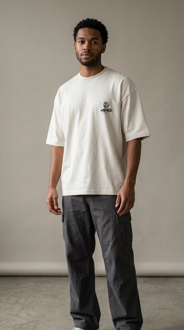 A man wearing a cream-colored oversized t-shirt with a small black graphic on the left chest, paired with dark gray cargo pants, standing against a neutral studio backdrop.