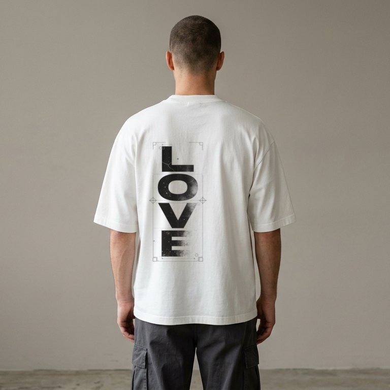 A man viewed from behind wearing a white short-sleeve t-shirt with the word 'LOVE' printed vertically in black on the back, paired with dark cargo pants against a plain beige studio background.