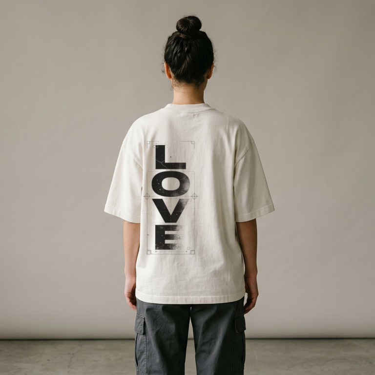A person viewed from behind wearing an oversized off-white t-shirt with the word 'LOVE' printed vertically in black on the back, paired with dark gray cargo pants, set against a minimalist beige studio background.