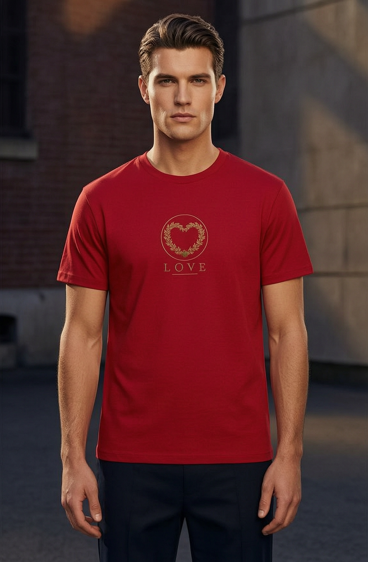 A man wearing a red crew-neck t-shirt with a gold heart wreath graphic and the word 'LOVE' printed on the chest, standing outdoors against a blurred brick and stone background.