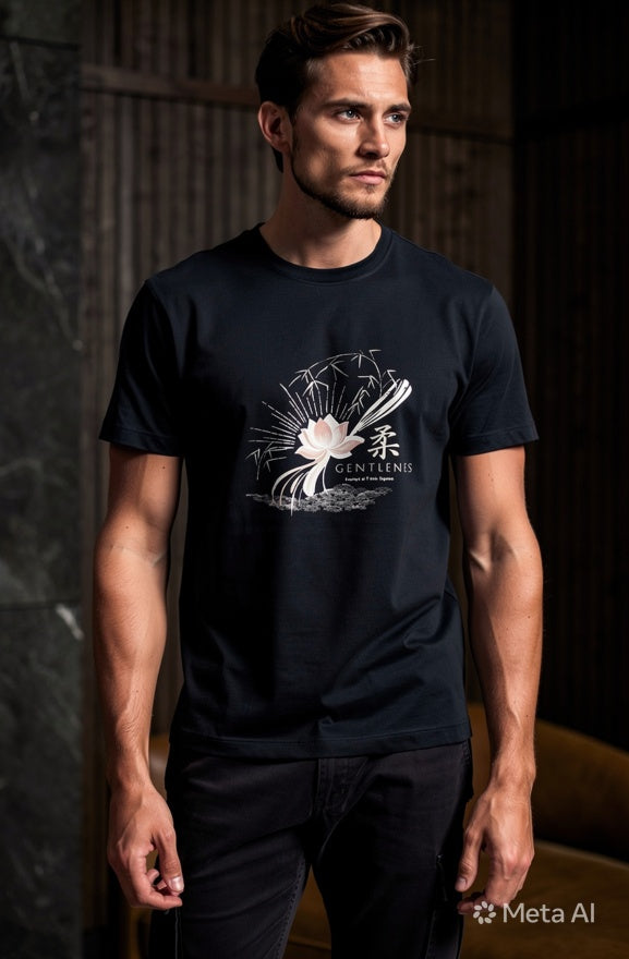 Editorial mockup with man in black t-shirt in luxury setting.
