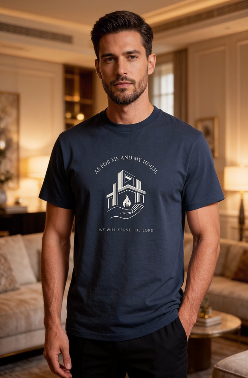 Man wearing a navy blue t-shirt with a graphic design in a living room.