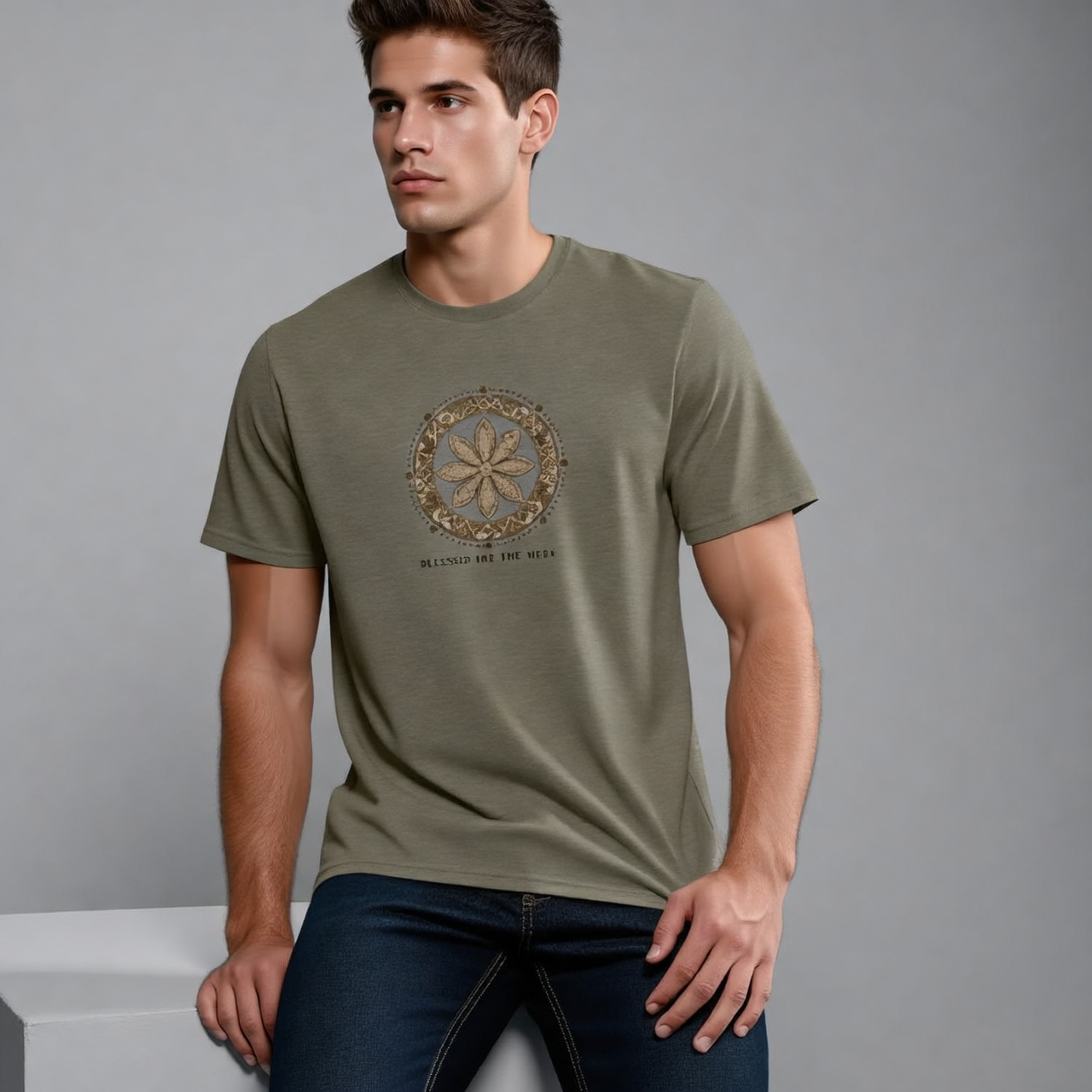 Man wearing a green t-shirt with a circular design on a gray background