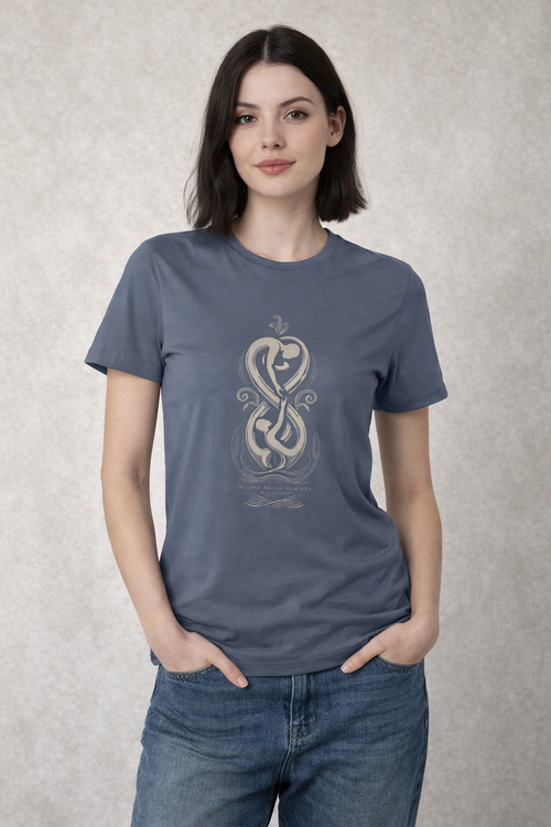 Woman wearing a blue t-shirt with a decorative symbol design on a textured gray background
