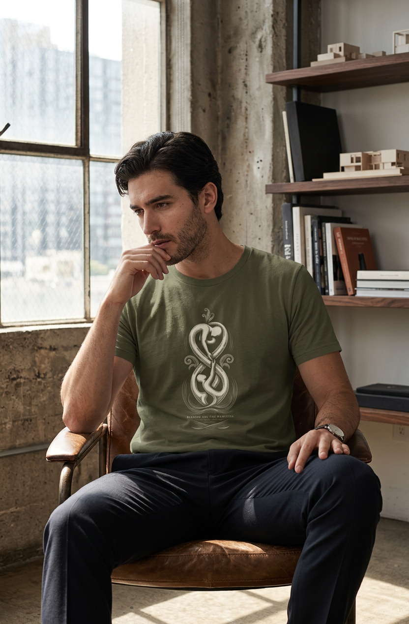 Man sitting in a chair wearing a green t-shirt with a design, in a room with large windows and shelves.