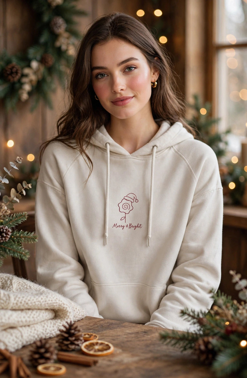 A woman wearing a cream-colored pullover hoodie with a small Christmas-themed graphic on the chest, posed in a cozy, festive indoor setting with warm bokeh lights and holiday decorations.