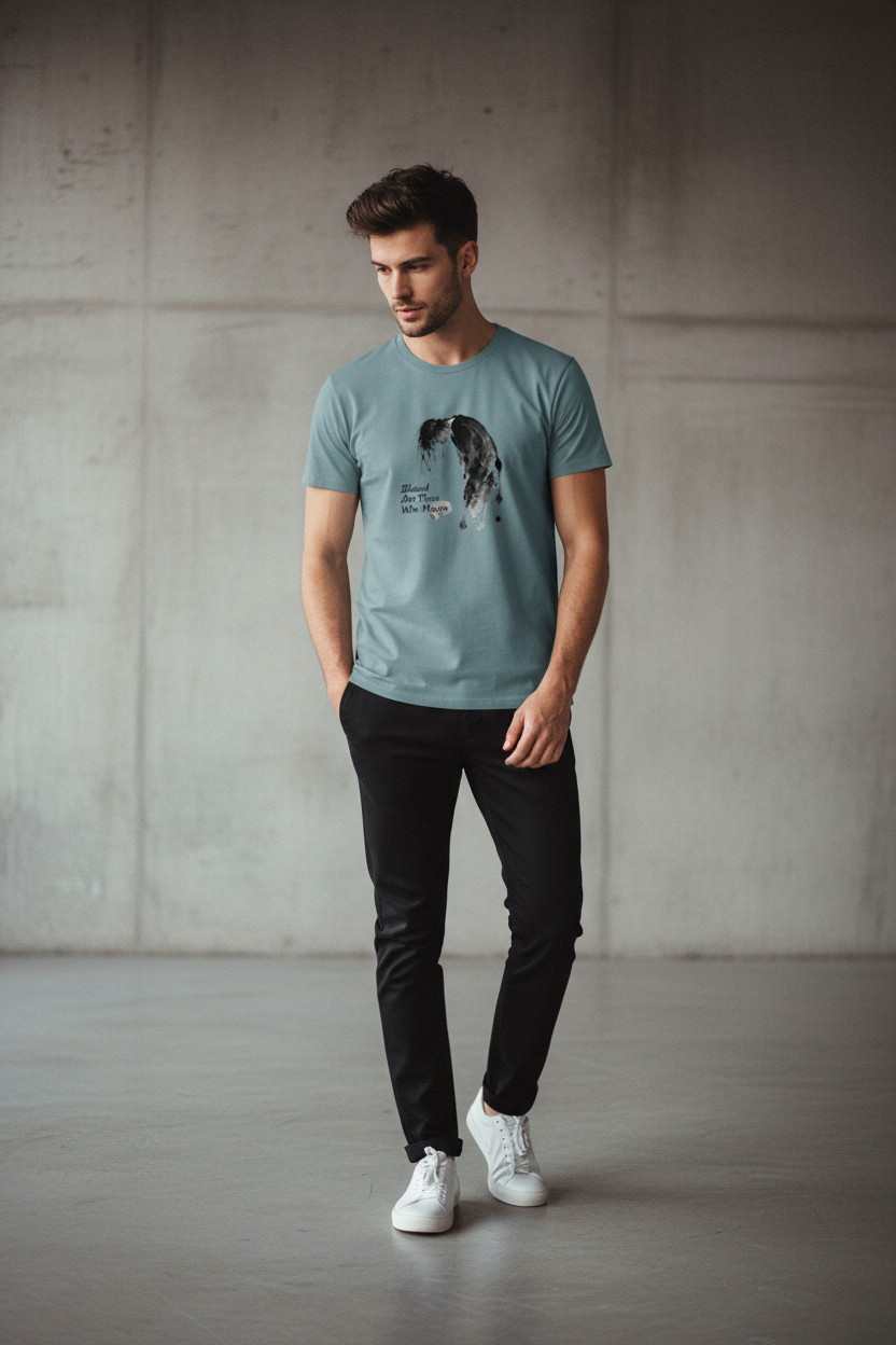 Man wearing a light blue t-shirt with a graphic design, black pants, and white shoes against a gray concrete wall.