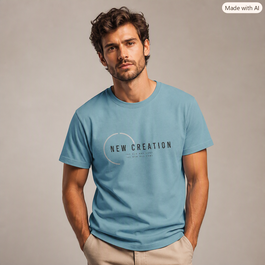 A man wearing a light blue crewneck t-shirt with a 'NEW CREATION' graphic on the chest, paired with beige trousers, set against a plain gray studio background.