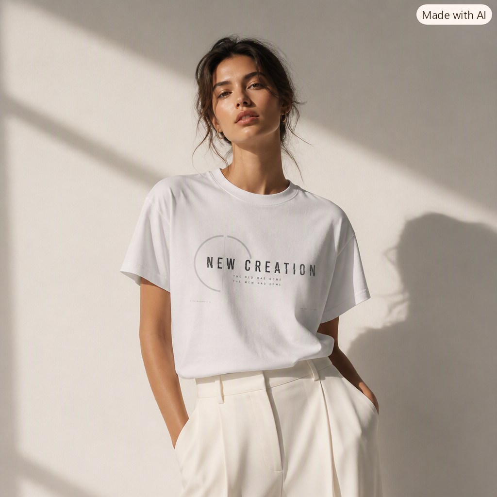 A woman wearing a white short-sleeve graphic T-shirt with 'NEW CREATION' printed on the front, paired with white trousers, standing against a sunlit beige wall with strong shadows.