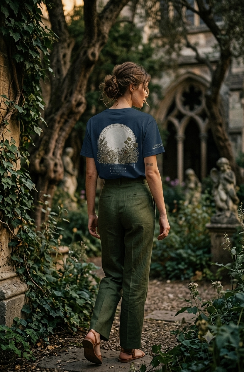 A woman wearing a navy blue graphic t-shirt and olive green trousers walks along a stone path in a lush, ivy-covered garden courtyard.