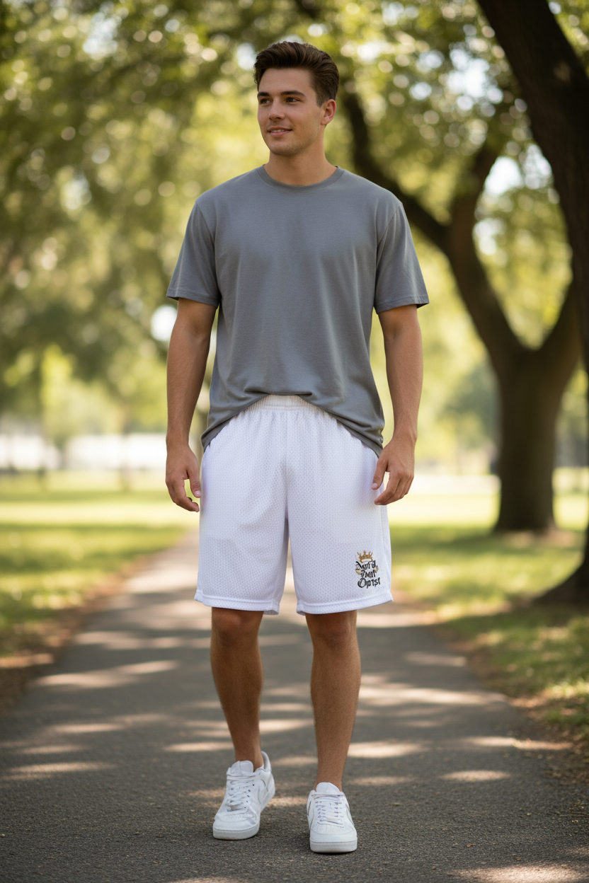 Man wearing a gray t-shirt and white shorts with NOT I BUT CHRIST, standing on a path in a park.