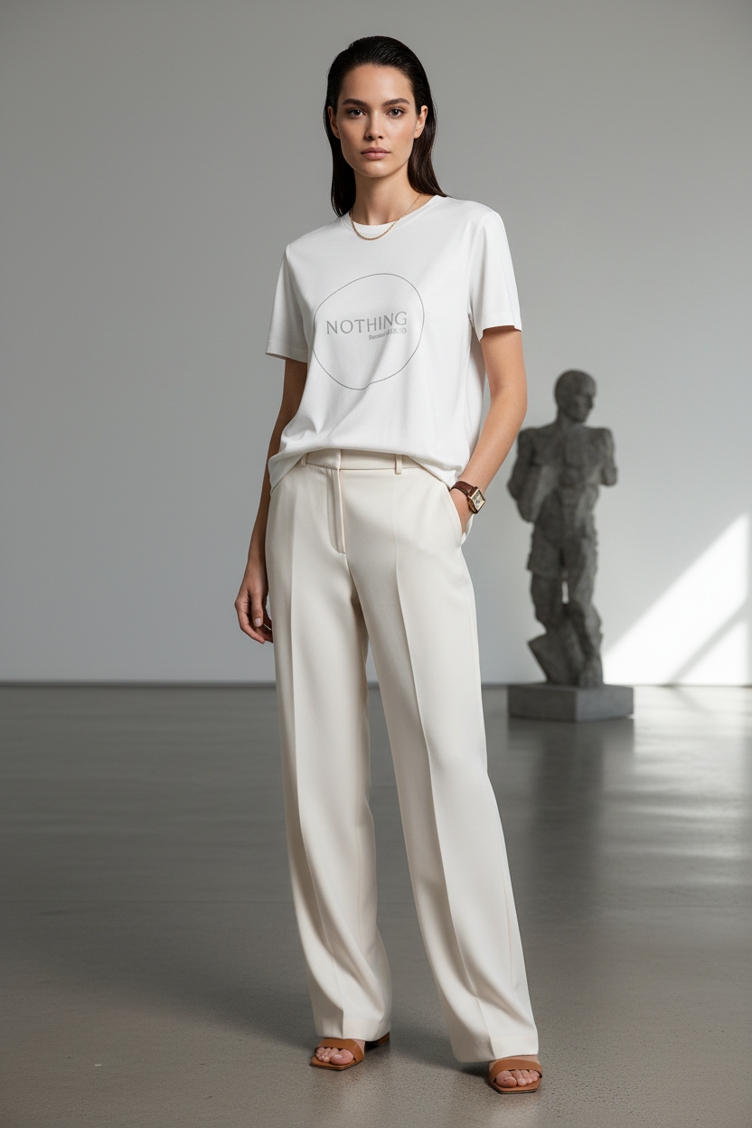 Woman wearing a white t-shirt and beige pants in an indoor setting with a statue in the background.