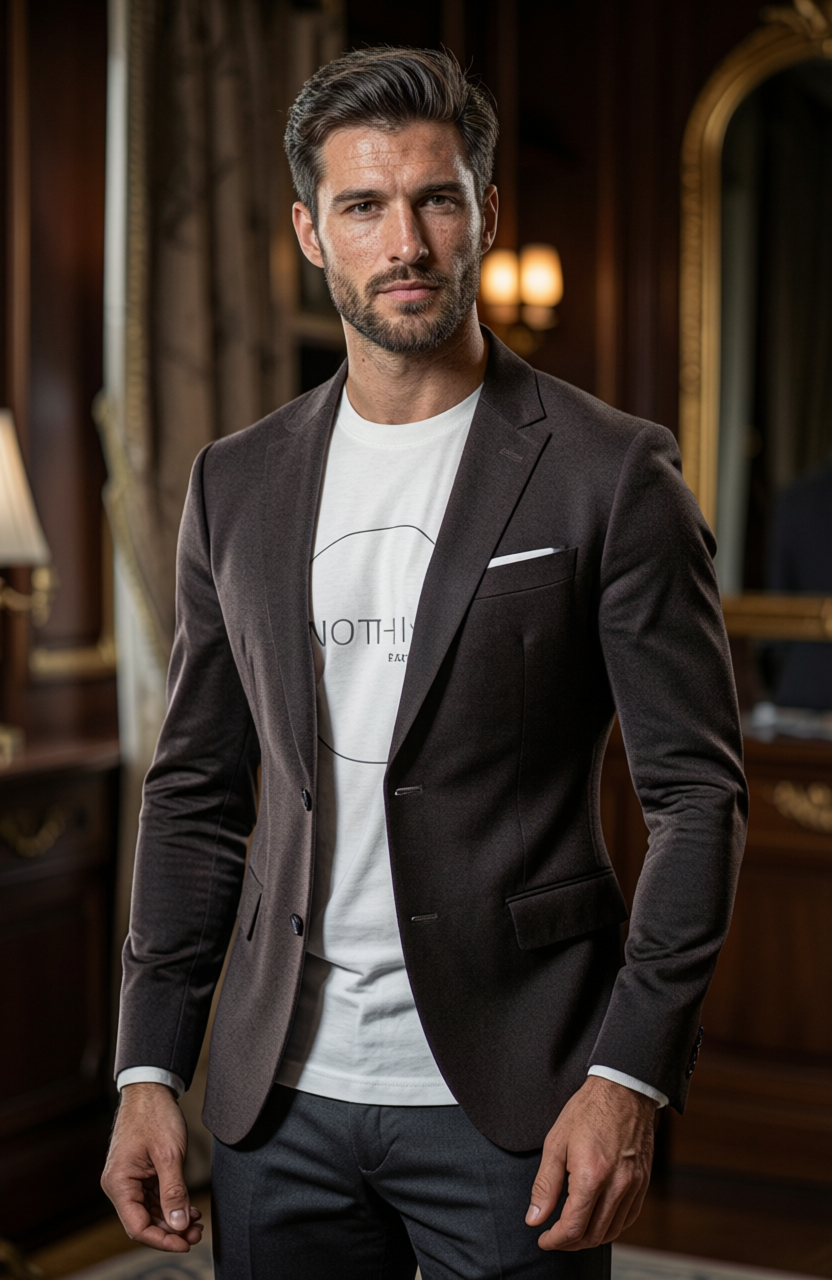 Man wearing a dark blazer over a white t-shirt with text, standing in an elegant interior setting.