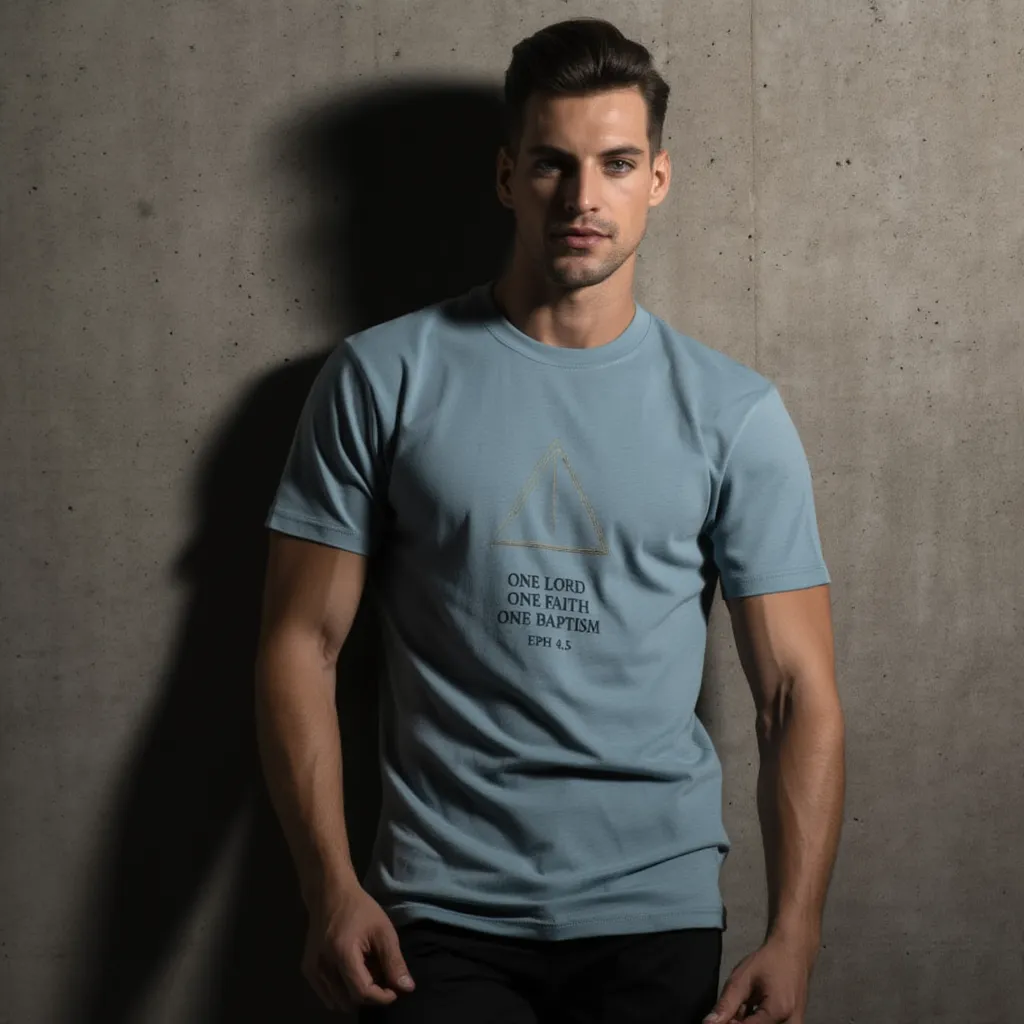 Man wearing a light blue t-shirt with text against a concrete wall