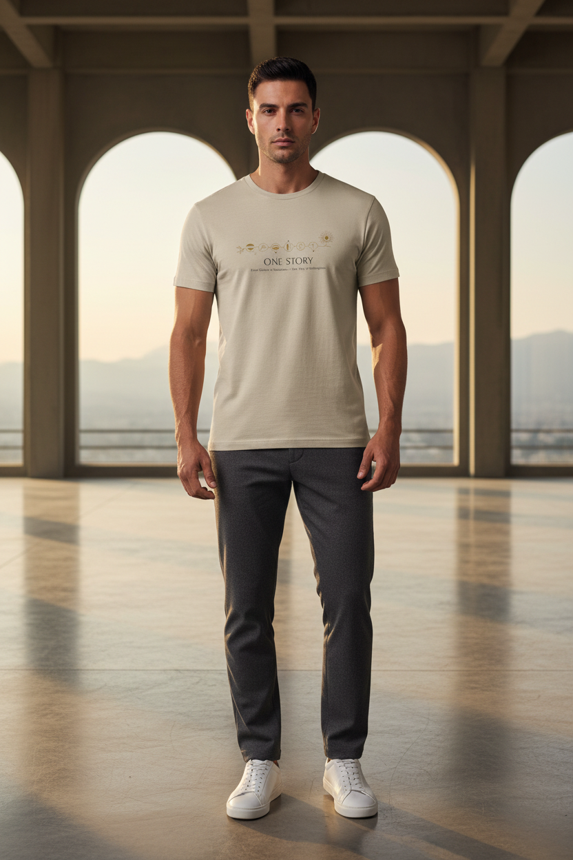 Man wearing a beige t-shirt and dark pants standing in a large, open room with arched windows.