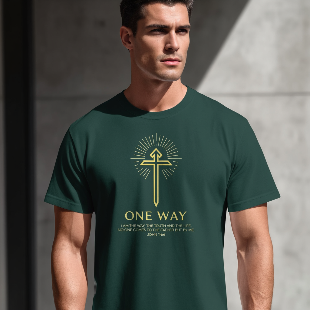 Man wearing One Way Supima Tee in editorial style mockup.