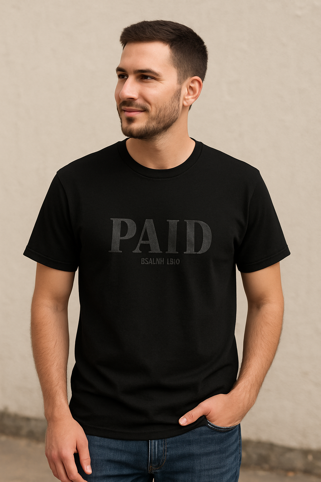 man wearing PAID t shirt