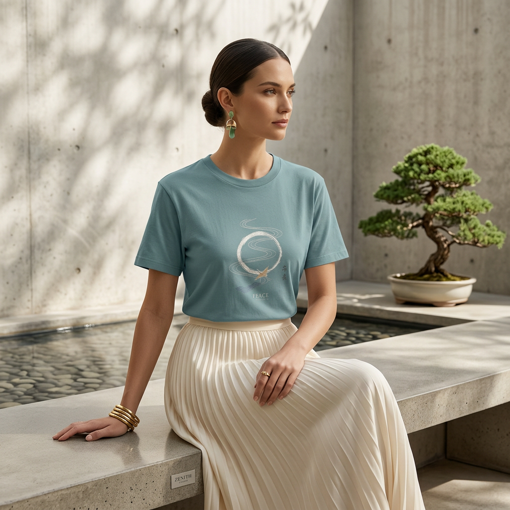 Woman wearing a light blue t-shirt with a design, sitting on a stone bench with a bonsai tree in the background.